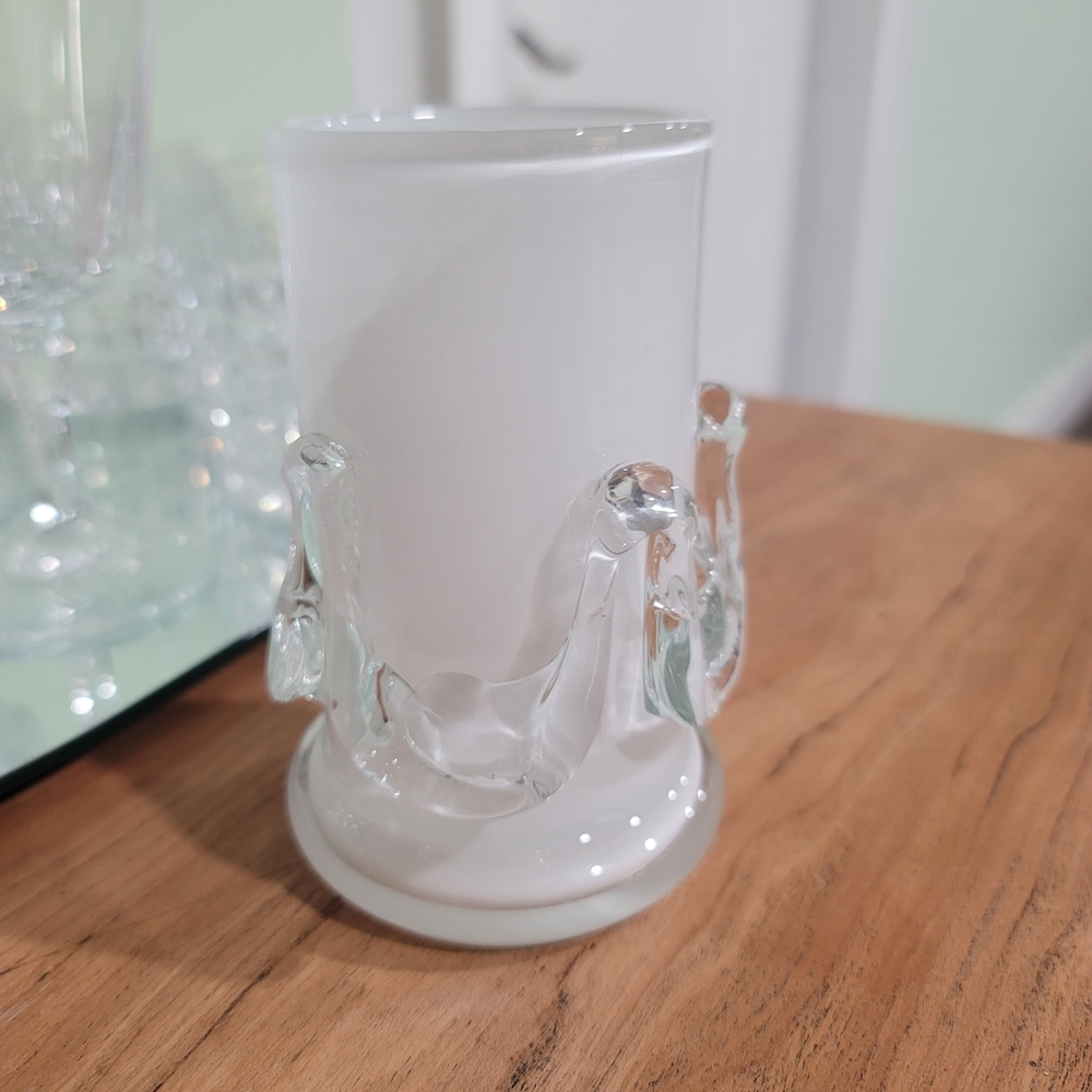Elegant White Glass Vase with Clear Accents